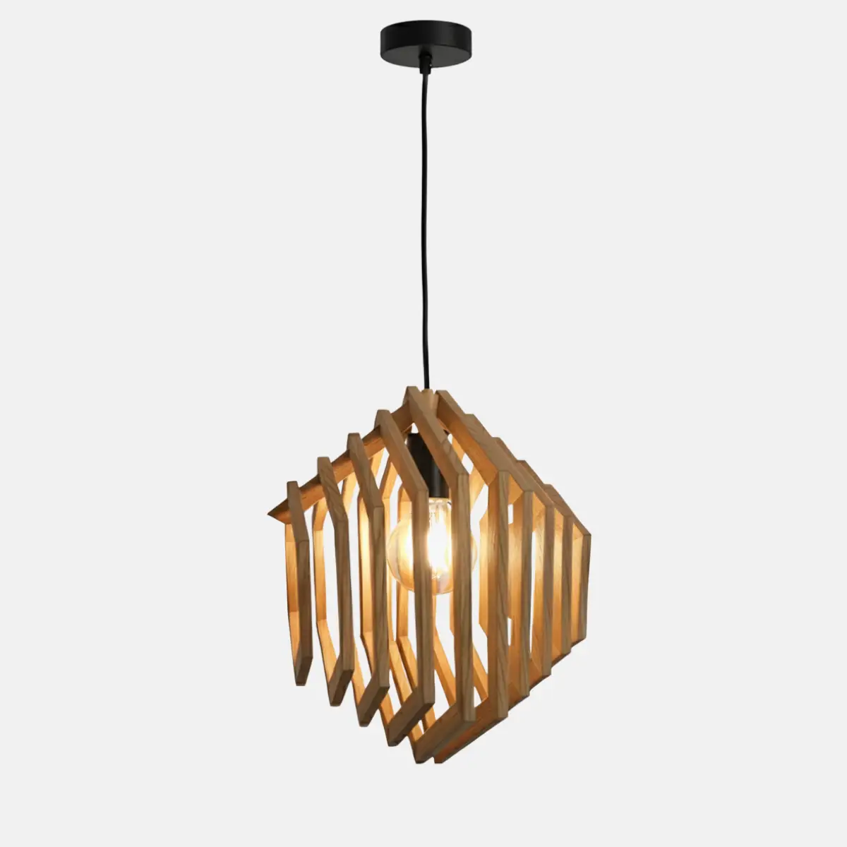 beehive hexagon pendant lamp in oak with black socket and black wire